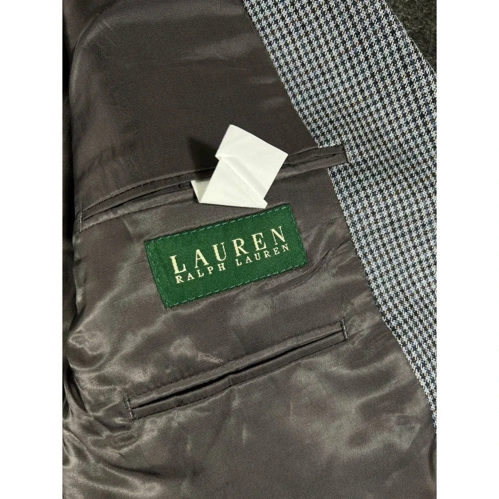 Lauren Ralph Lauren Jacket Mens 42L Gray Houndstooth Lined Silk Blend Preppy
